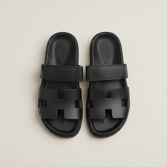 Black leather H-strap sandals top-down view
